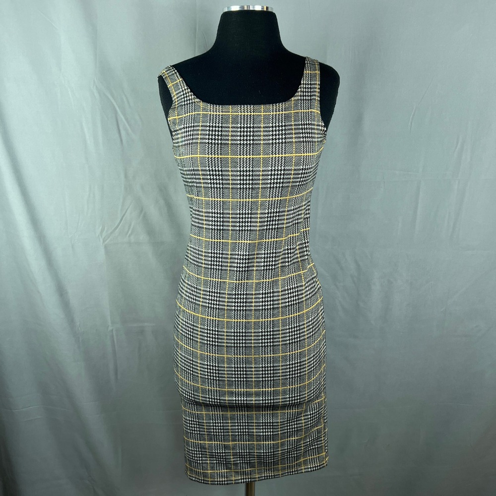 Popular Basics Bodycon Dress Womens Medium Multicolor Plaid Back Zip Wide Strap